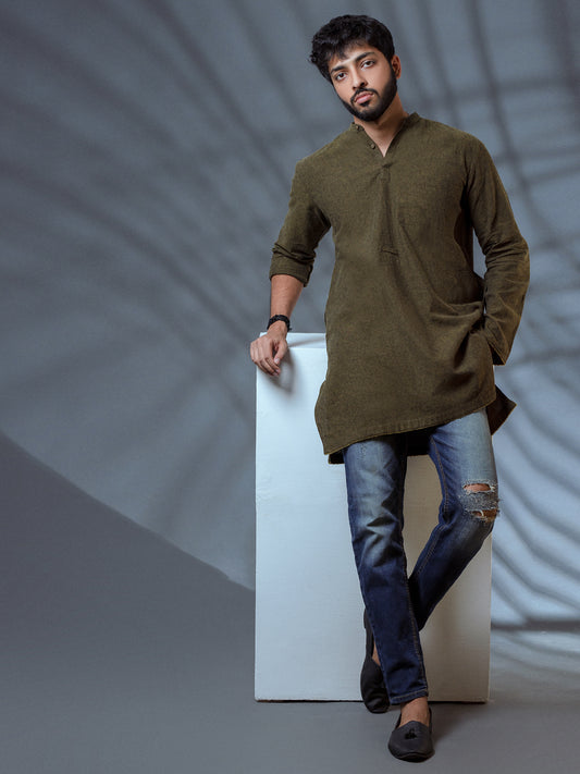 Green Linen Short Kurta - ALCR-K-008 - Almirah Online