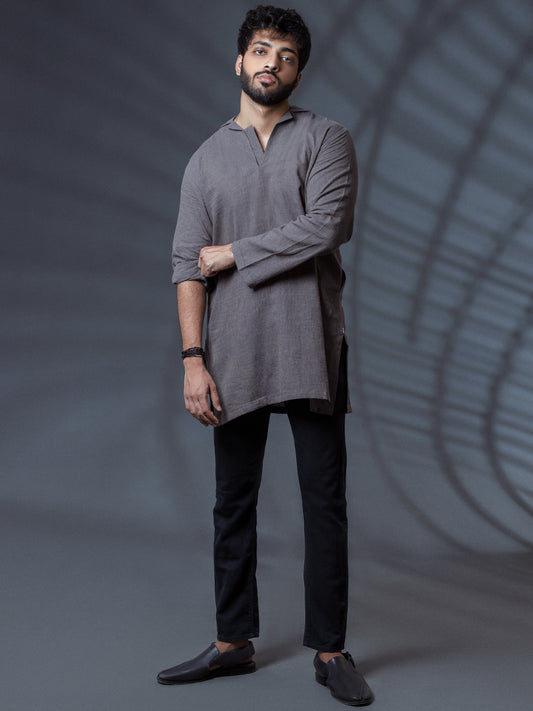 Grey Linen Short Kurta - ALCR-K-011 - Almirah Online