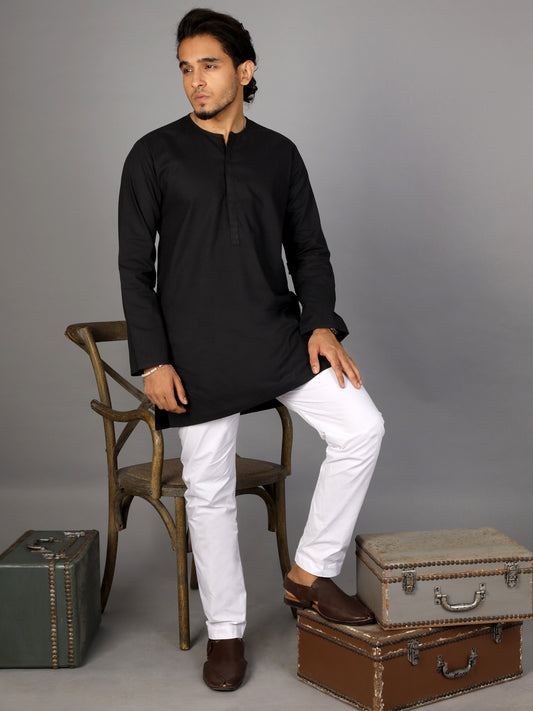 Black Linen Short Kurta - ALCR-K-015 - Almirah Online