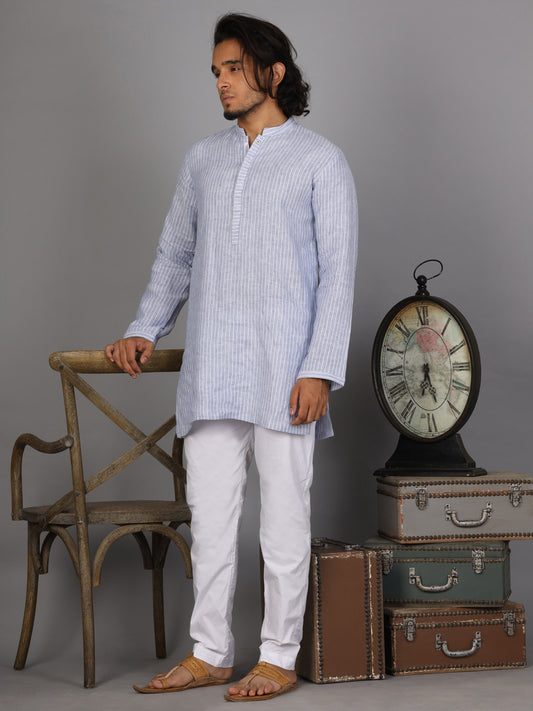 Light Blue Linen Short Kurta - ALCR-K-021 - Almirah Online