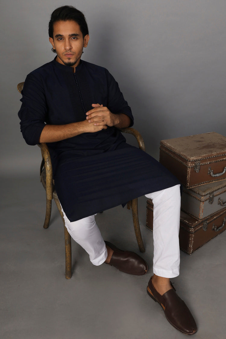 Dark Blue Cotton Silk Formal Kurta - AL-K-SP-024A