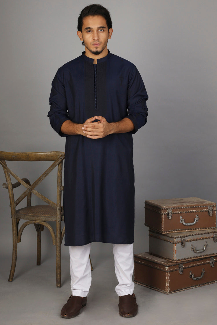Dark Blue Cotton Silk Formal Kurta - AL-K-SP-024A