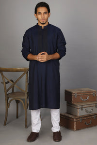 Dark Blue Cotton Silk Formal Kurta - AL-K-SP-024A
