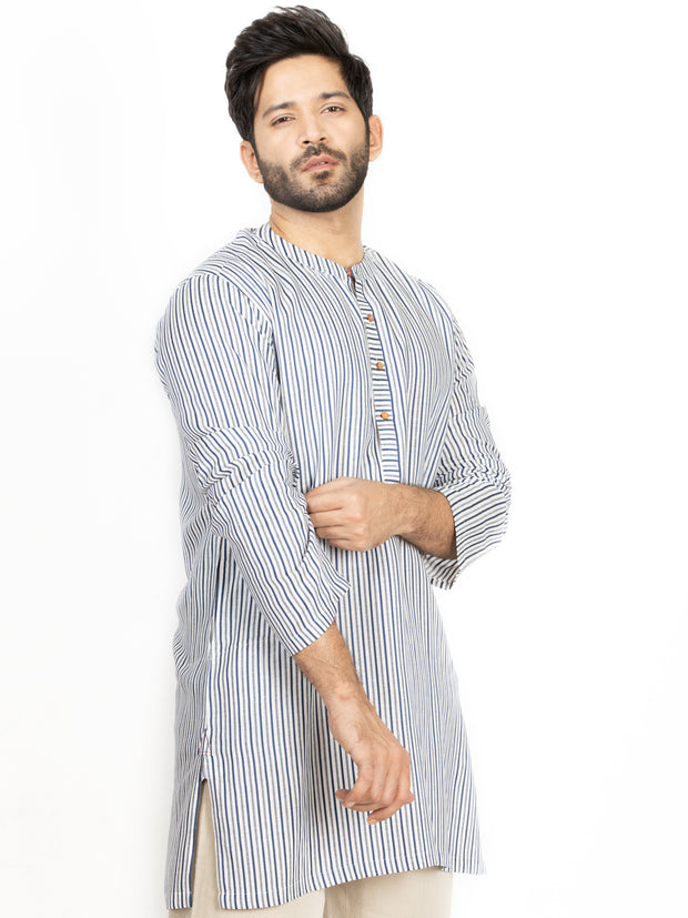 Blue & White Linen Short Kurta - ALCR-K-028