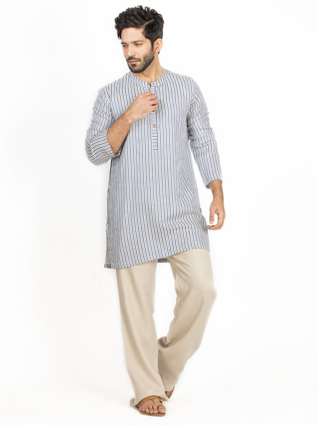 Blue & White Linen Short Kurta - ALCR-K-028