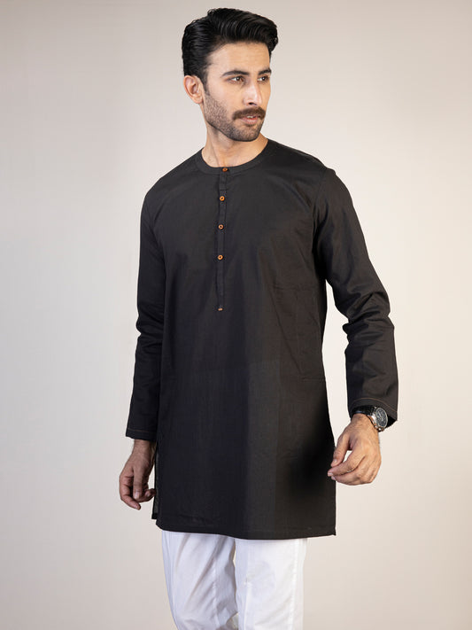 Black Linen Short Kurta - ALCR-K-041