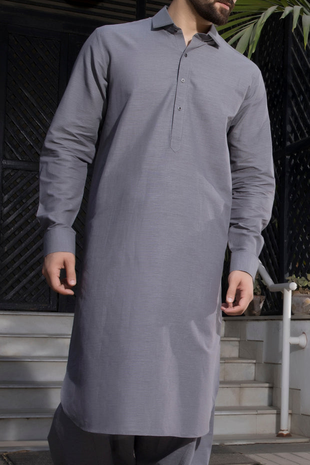 Grey Cotton Kameez Shalwar - ALWA-KS-071