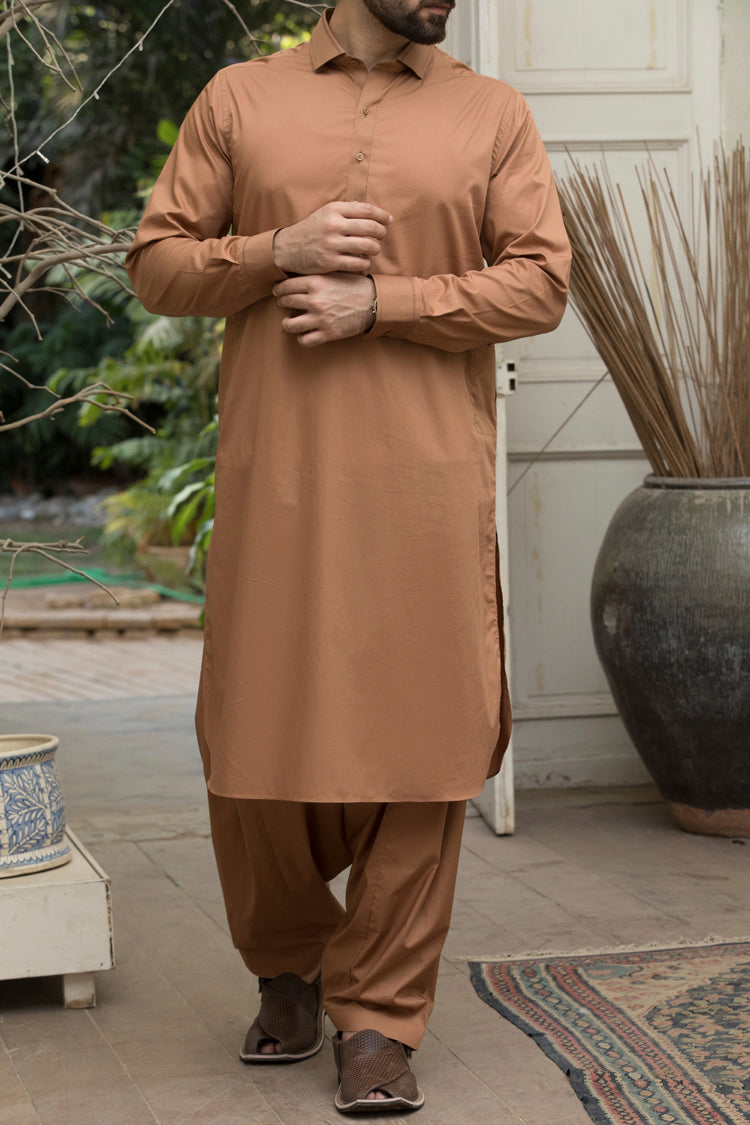 Sand Colored Cotton Kameez Shalwar - ALWA-KS-078