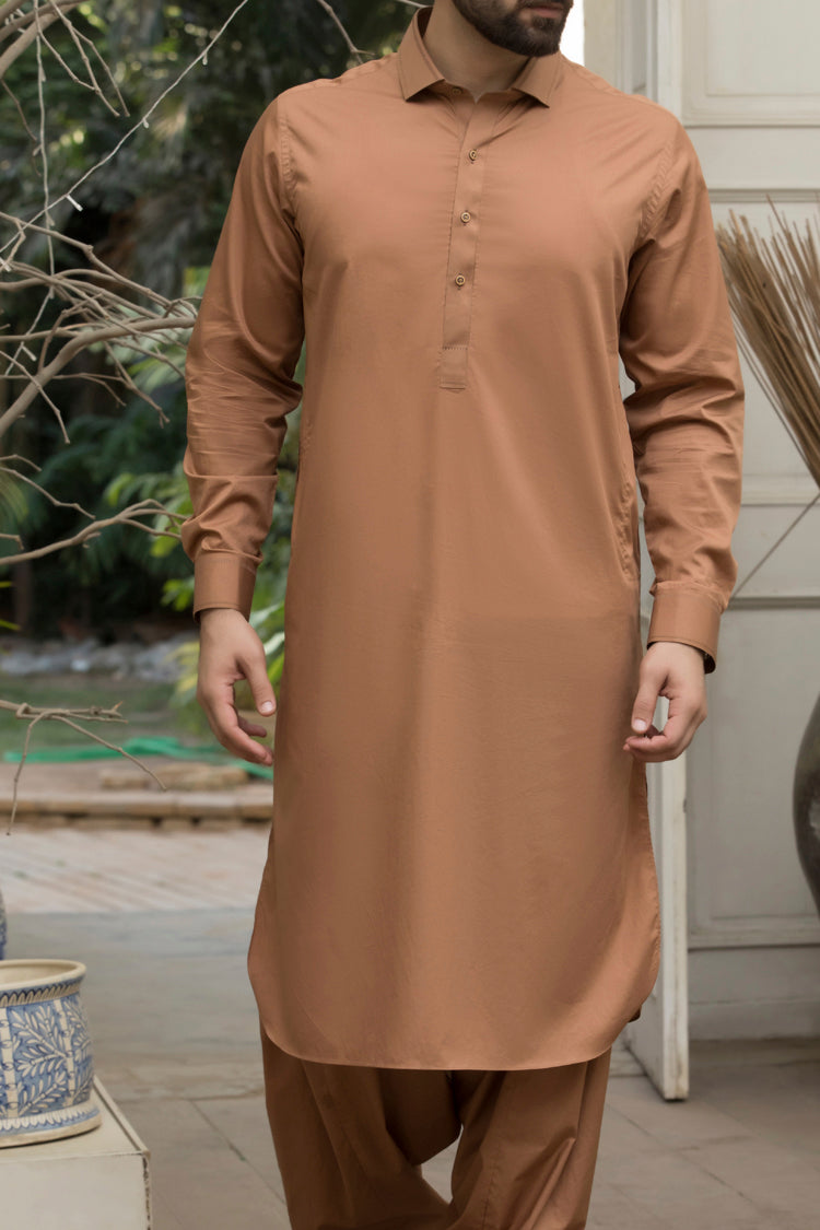 Sand Colored Cotton Kameez Shalwar - ALWA-KS-078