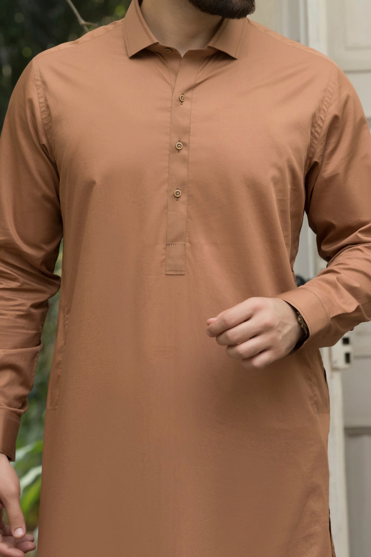 Sand Colored Cotton Kameez Shalwar - ALWA-KS-078