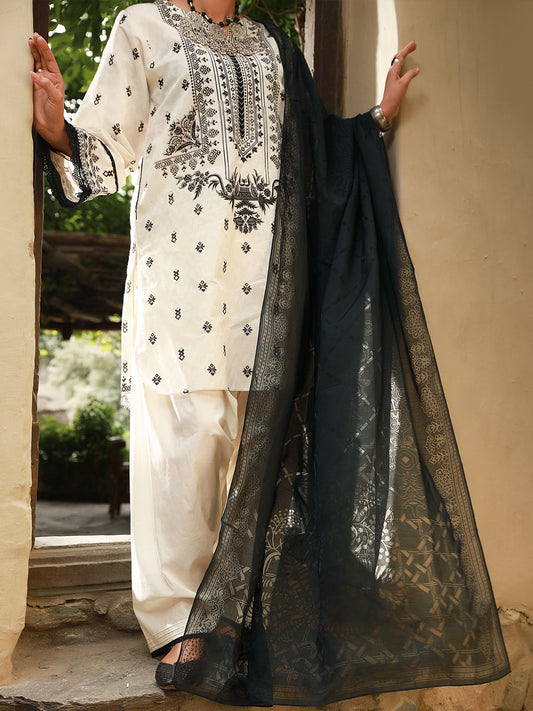 Black & White Jacquard 3Pc Unstitched - ALP-3PS-1409