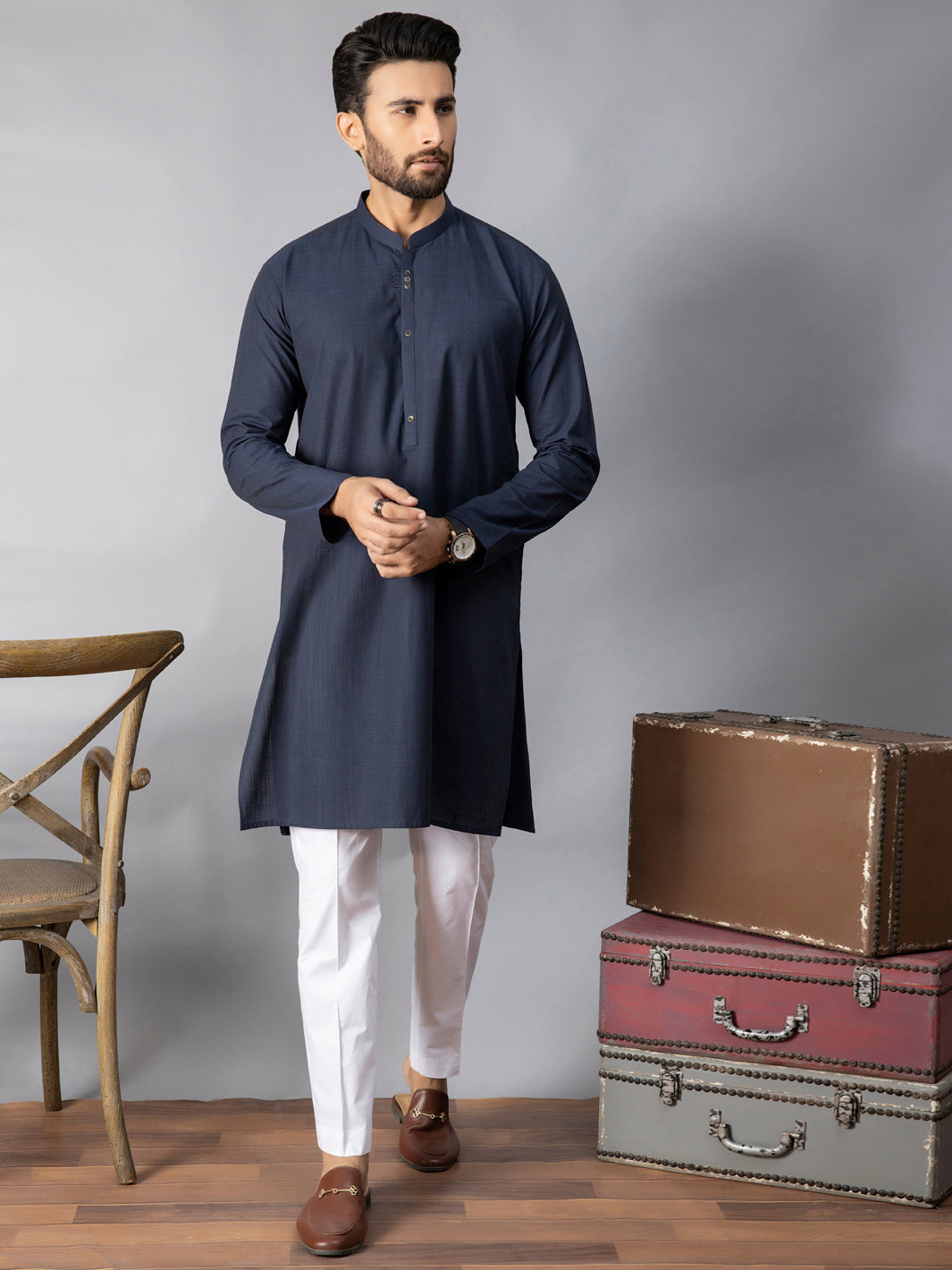 Navy Blue Blended Kurta - AL-K-1080