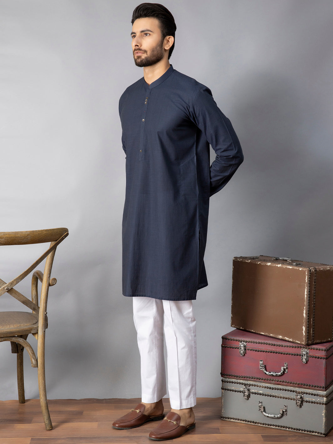 Navy Blue Blended Kurta - AL-K-1080