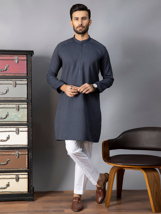 Navy Blue Blended Kurta - AL-K-1086B