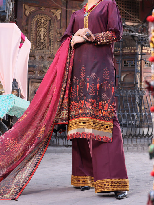 Maroon Lawn 3Pc Stitched - ALP-3PS-1124