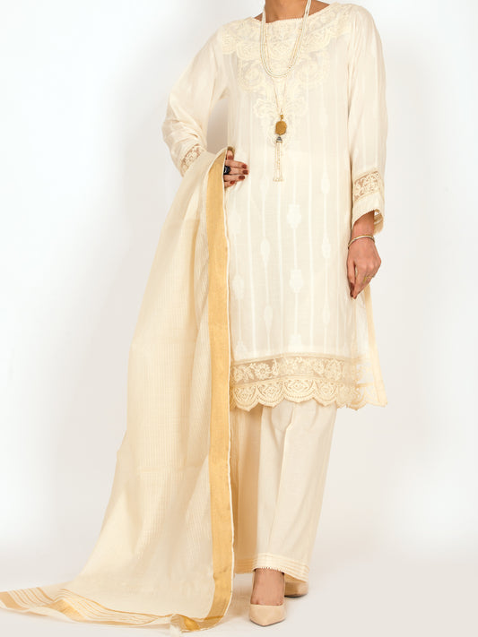 Off White Jacquard  3 Piece Unstitched - ALP-3PS-1144