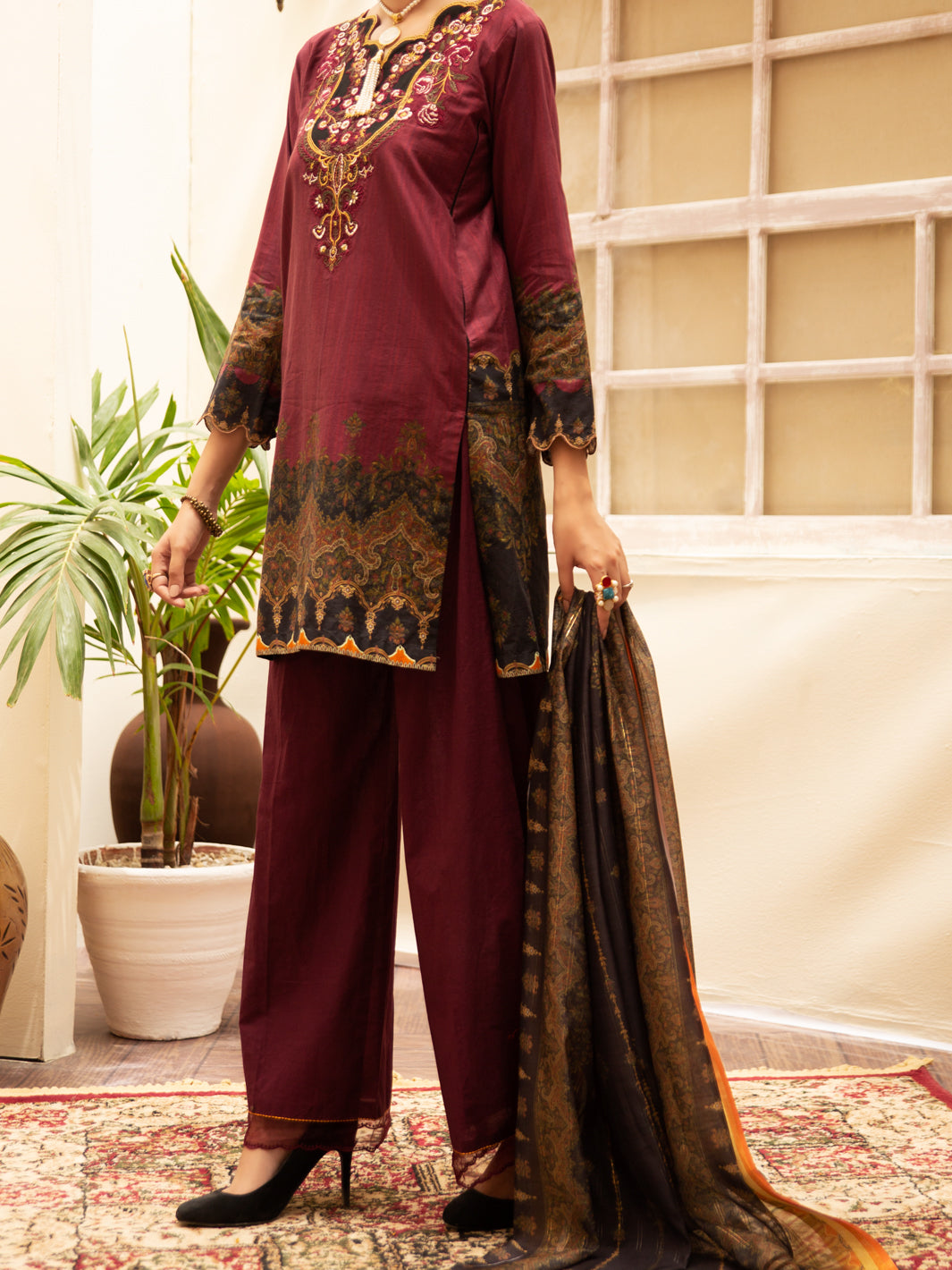 Maroon Cambric 3Pc Stitched - ALP-3PS-1178