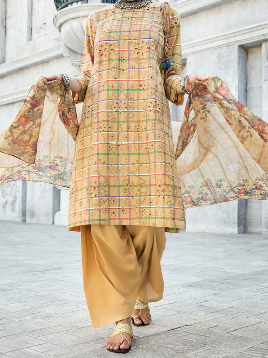Mustard Lurex Jacquard 3 Piece Stitched - ALP-3PS-1191