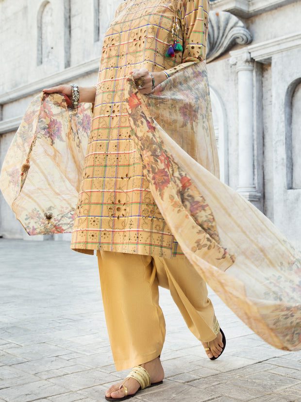 Mustard Lurex Jacquard 3 Piece Stitched - ALP-3PS-1191