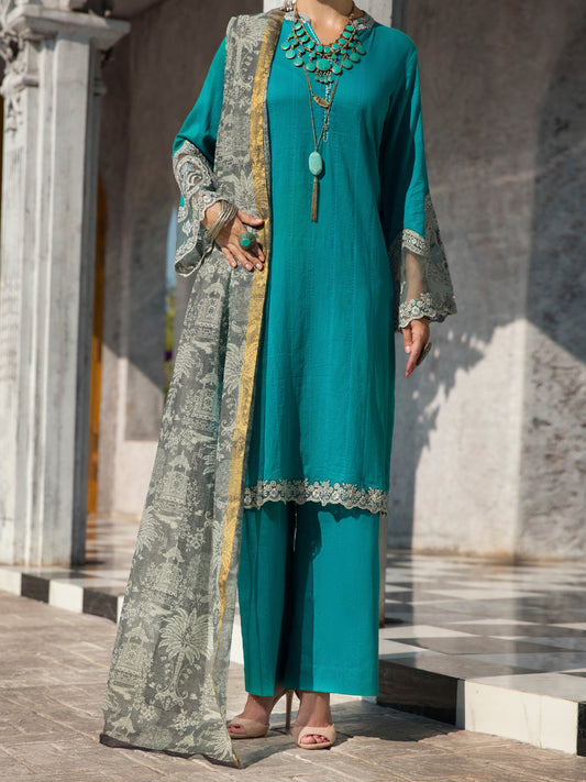 Sea Blue Nino Kara 3 Piece Unstitched - ALP-3PS-1256