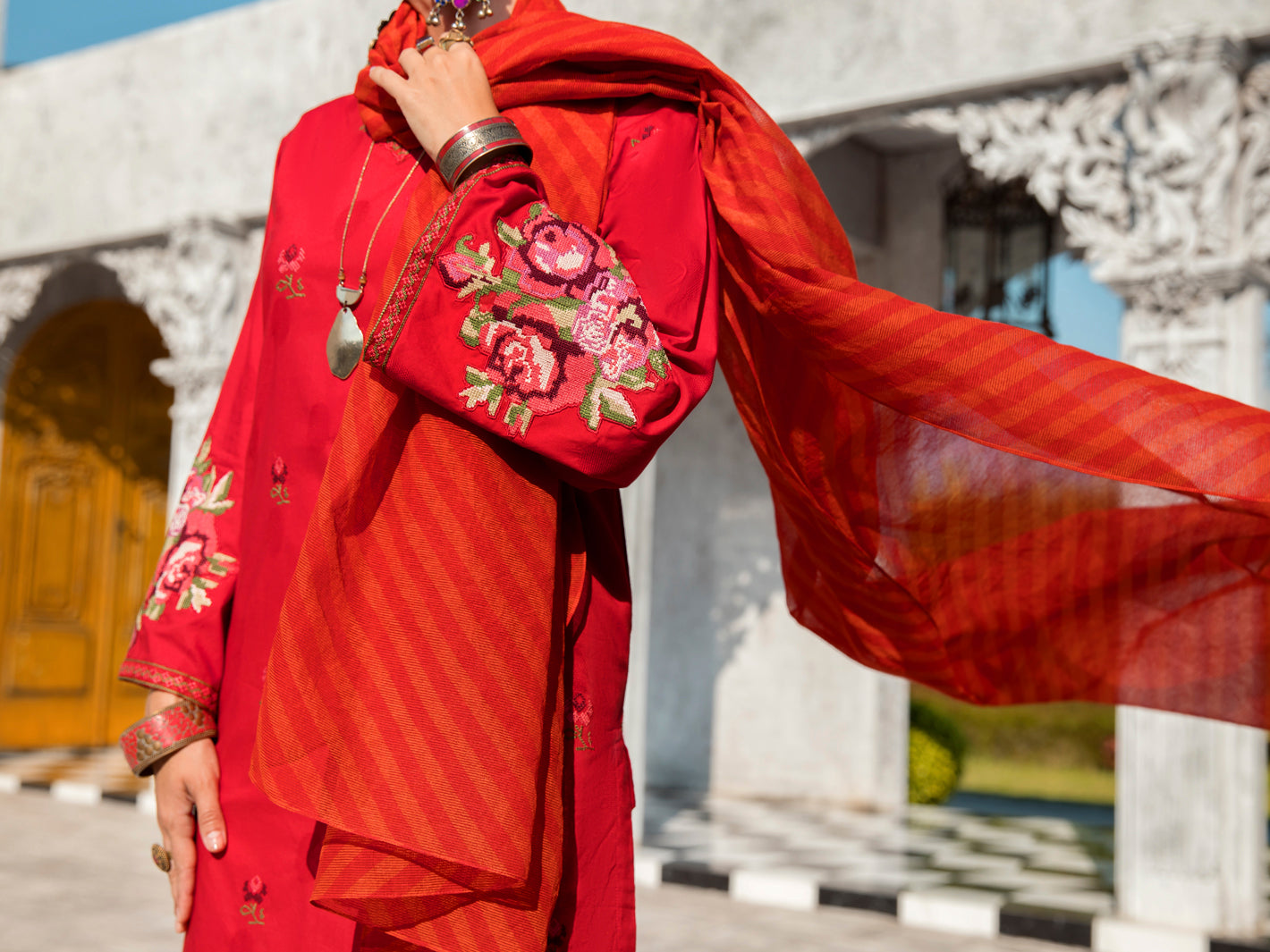 Red Self-Jacquard 3Pc Stitched - ALP-3PS-1260