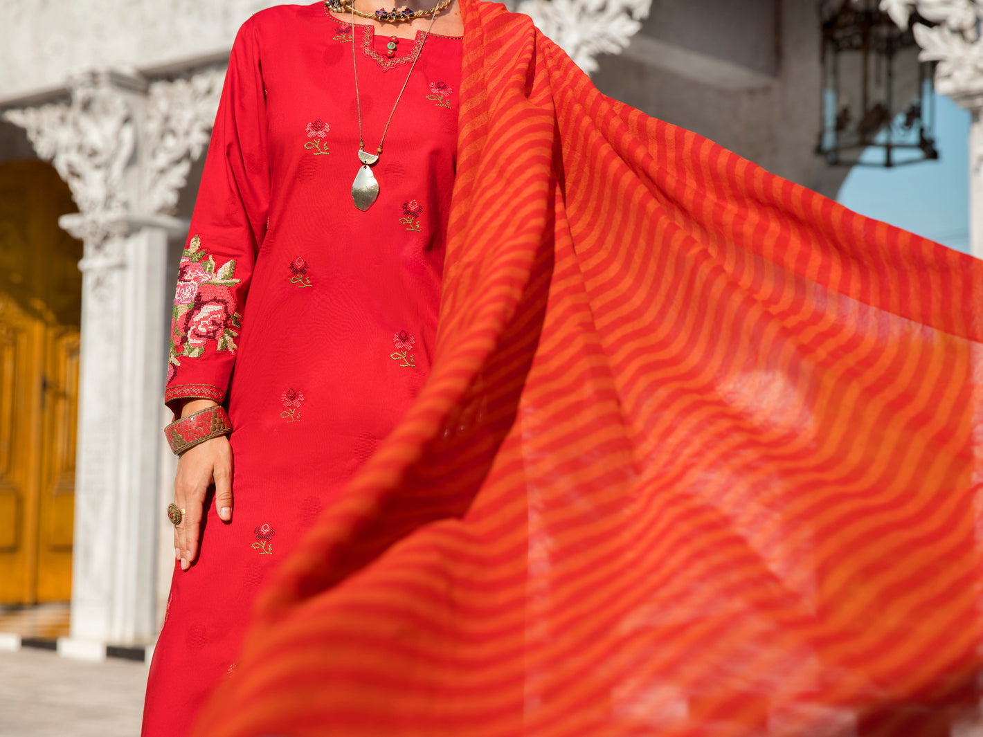 Red Self-Jacquard 3Pc Stitched - ALP-3PS-1260