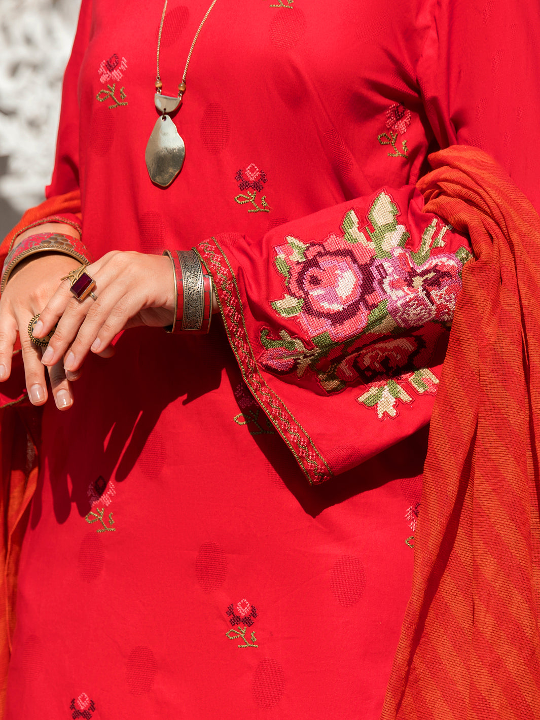 Red Self-Jacquard 3Pc Stitched - ALP-3PS-1260