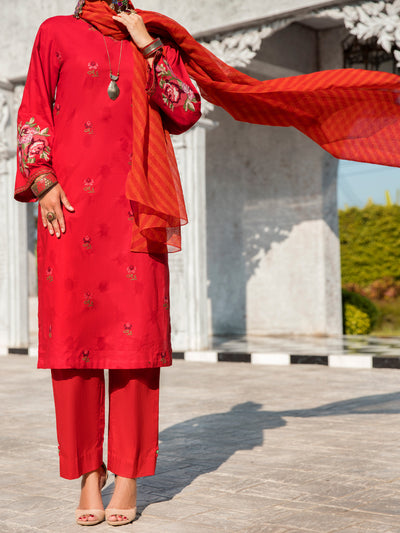 Red Self-Jacquard 3 Piece Stitched - ALP-3PS-1260