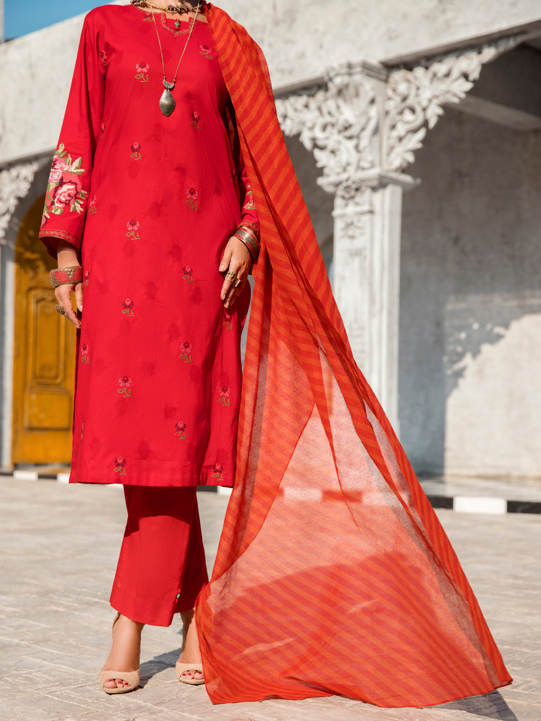 Red Self-Jacquard 3Pc Stitched - ALP-3PS-1260