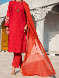 Red Self-Jacquard 3Pc Stitched - ALP-3PS-1260
