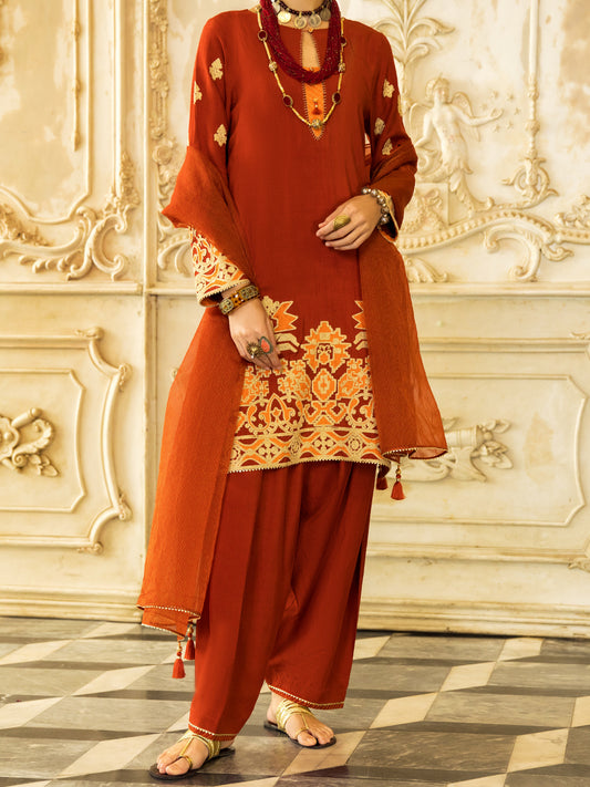 Rust Raw Silk 3Pc Stitched - ALP-3PS-1278