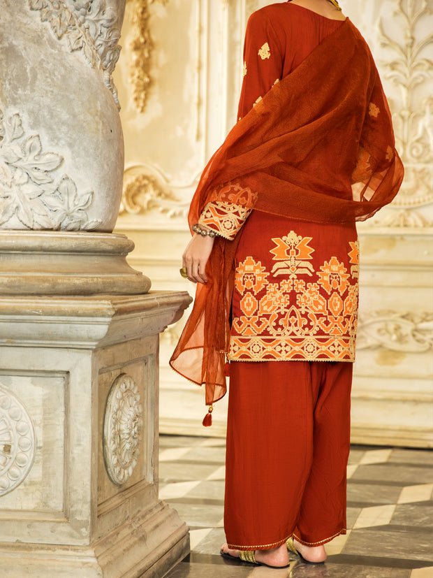 Rust Raw Silk 3 Piece Stitched - ALP-3PS-1278