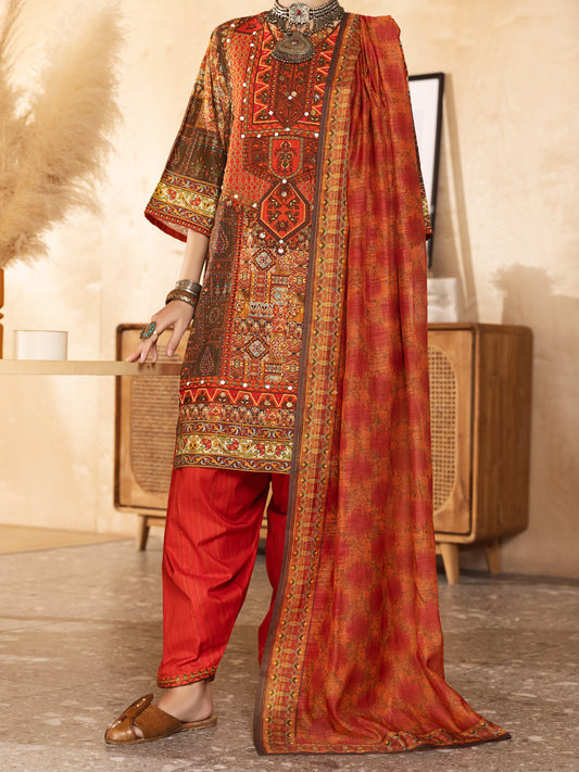 Red Hand-Woven Lurex 3 Piece Stitched - ALP-3PS-1299
