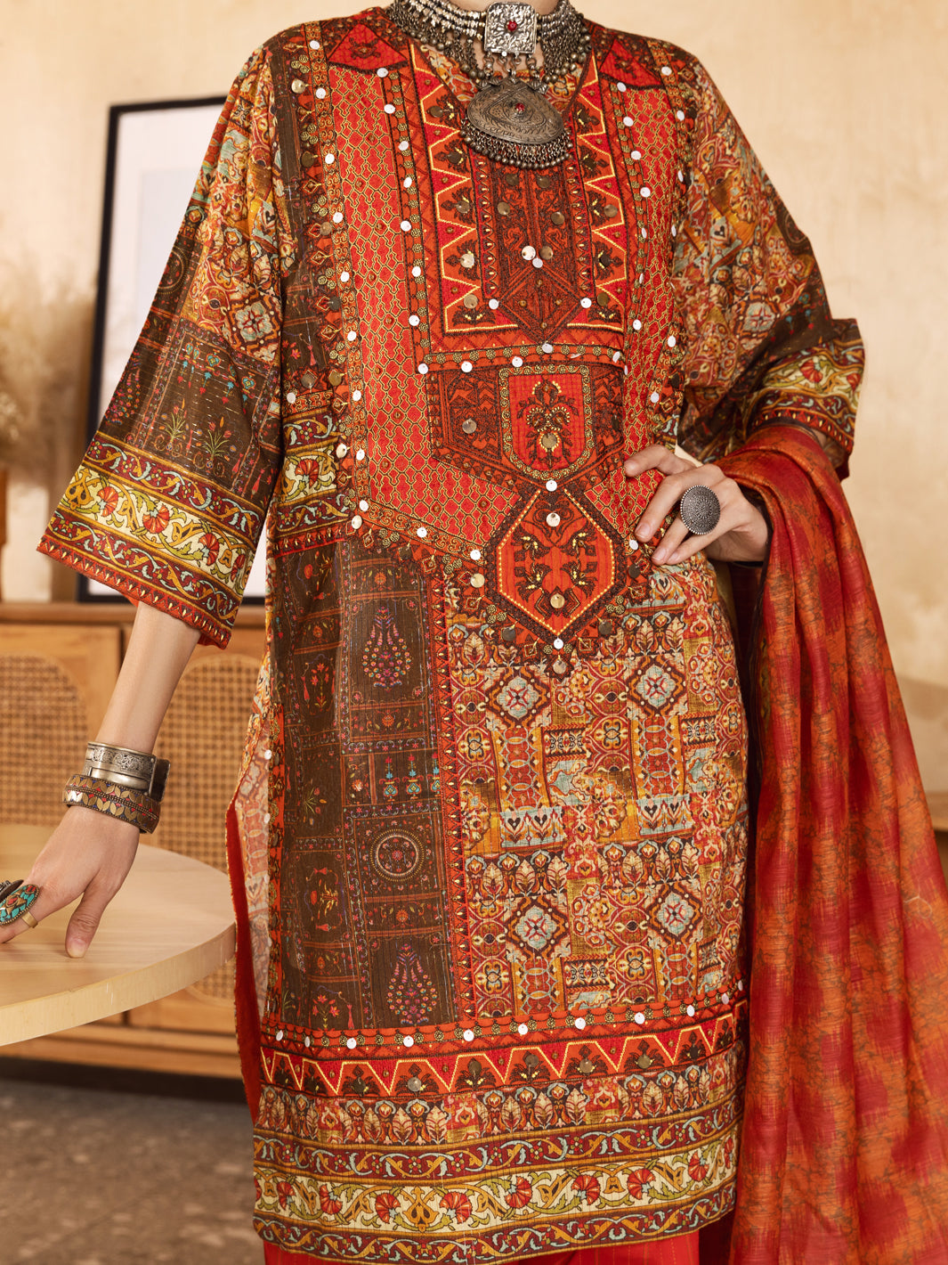 Red Hand-Woven Lurex 3 Piece Stitched - ALP-3PS-1299