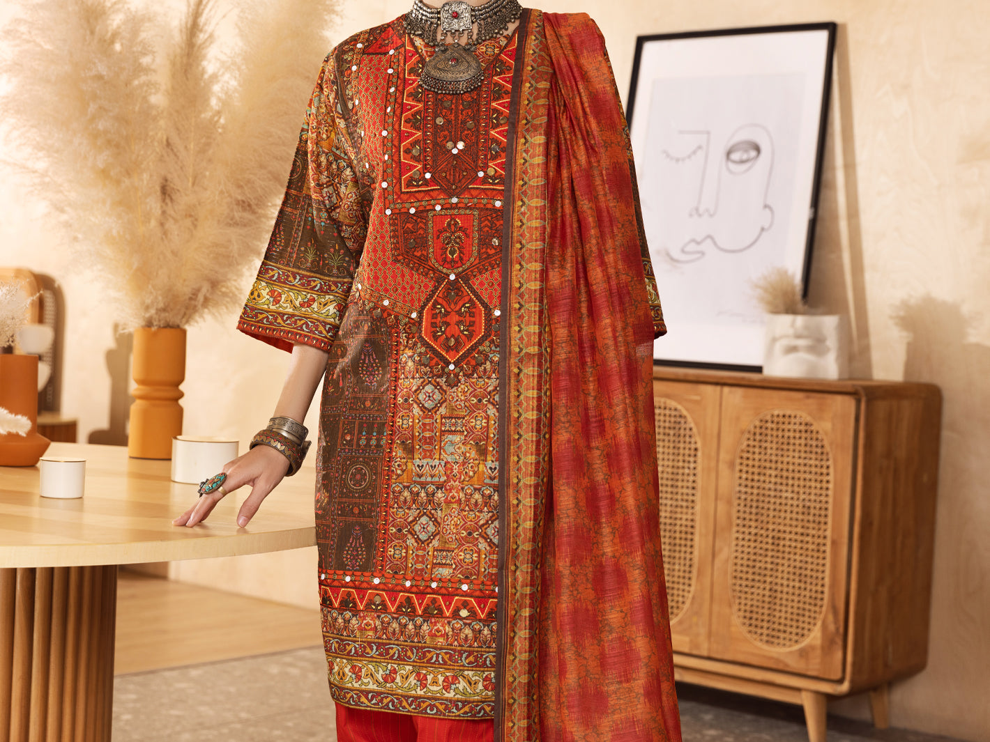 Red Hand-Woven Lurex 3 Piece Stitched - ALP-3PS-1299