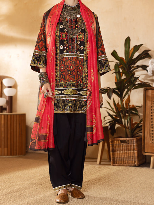 Red Hand-Woven Lurex 3 Piece Stitched - ALP-3PS-1300