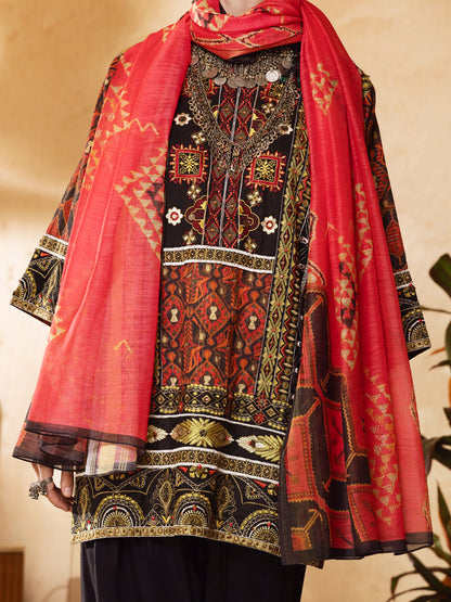 Red Hand-Woven Lurex 3 Piece Stitched - ALP-3PS-1300