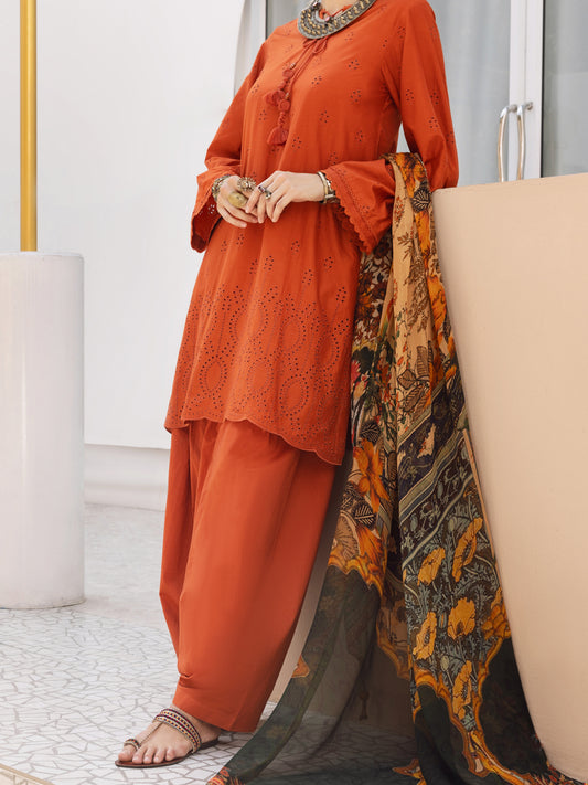 Orange Dobby Schiffli 3Pc Unstitched - ALP-3PS-1316
