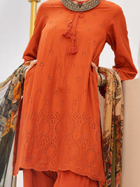 Orange Dobby Schiffli 3Pc Unstitched - ALP-3PS-1316