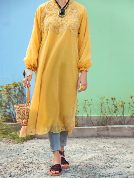 Yellow Khaddi Net Tunic - ALP-LK-1355