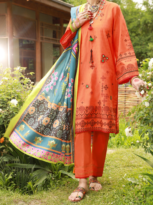 Orange Jacquard 3 Piece Unstitched - ALP-3PS-1384
