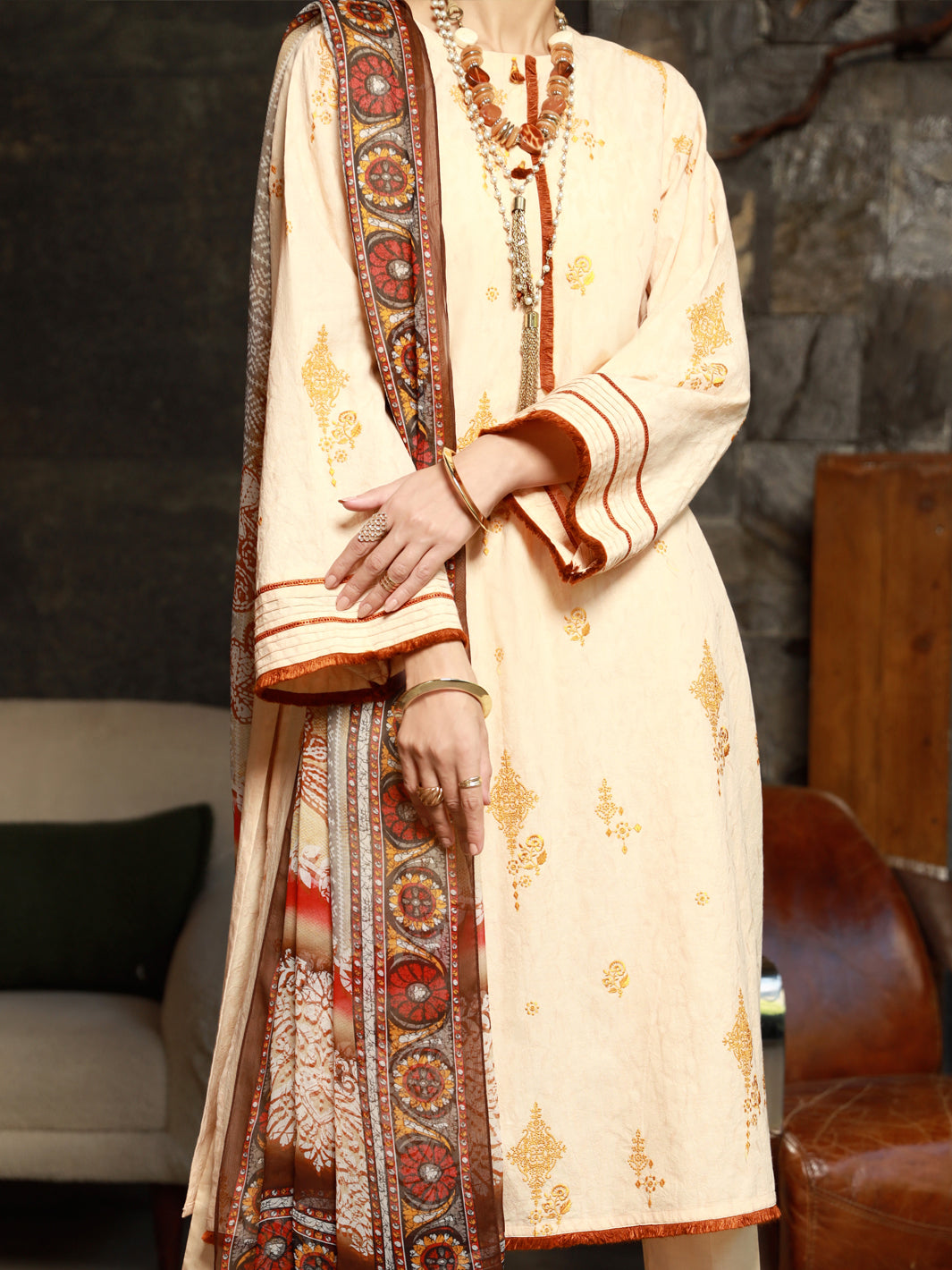 Cream Jacquard 3Pc Stitched - ALP-3PS-1392