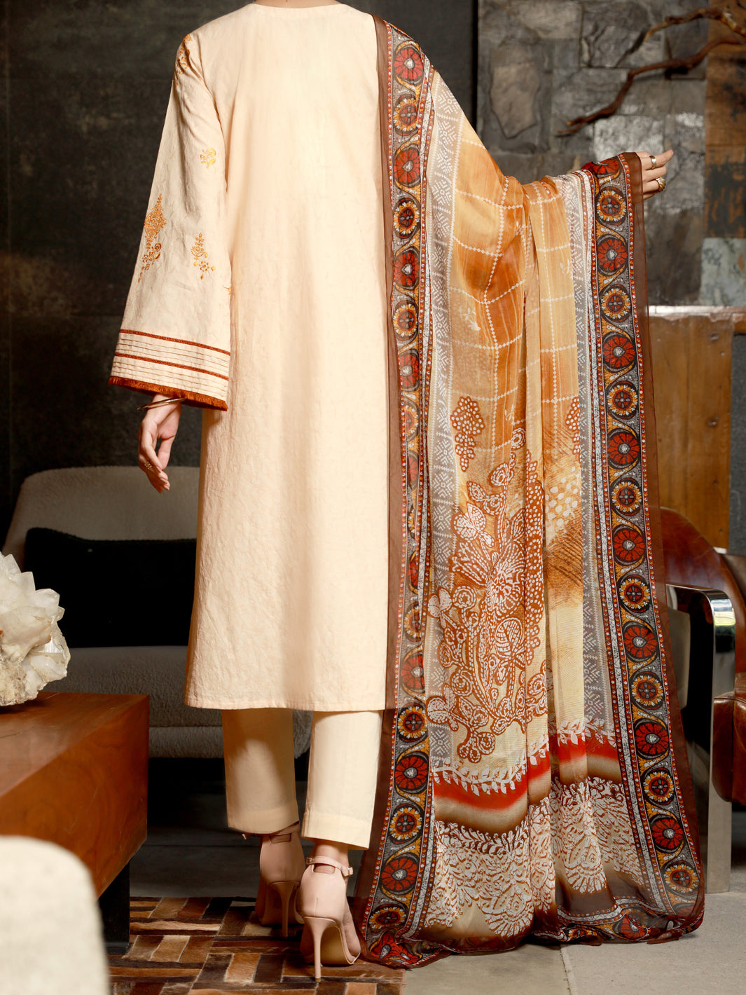 Cream Jacquard 3Pc Stitched - ALP-3PS-1392