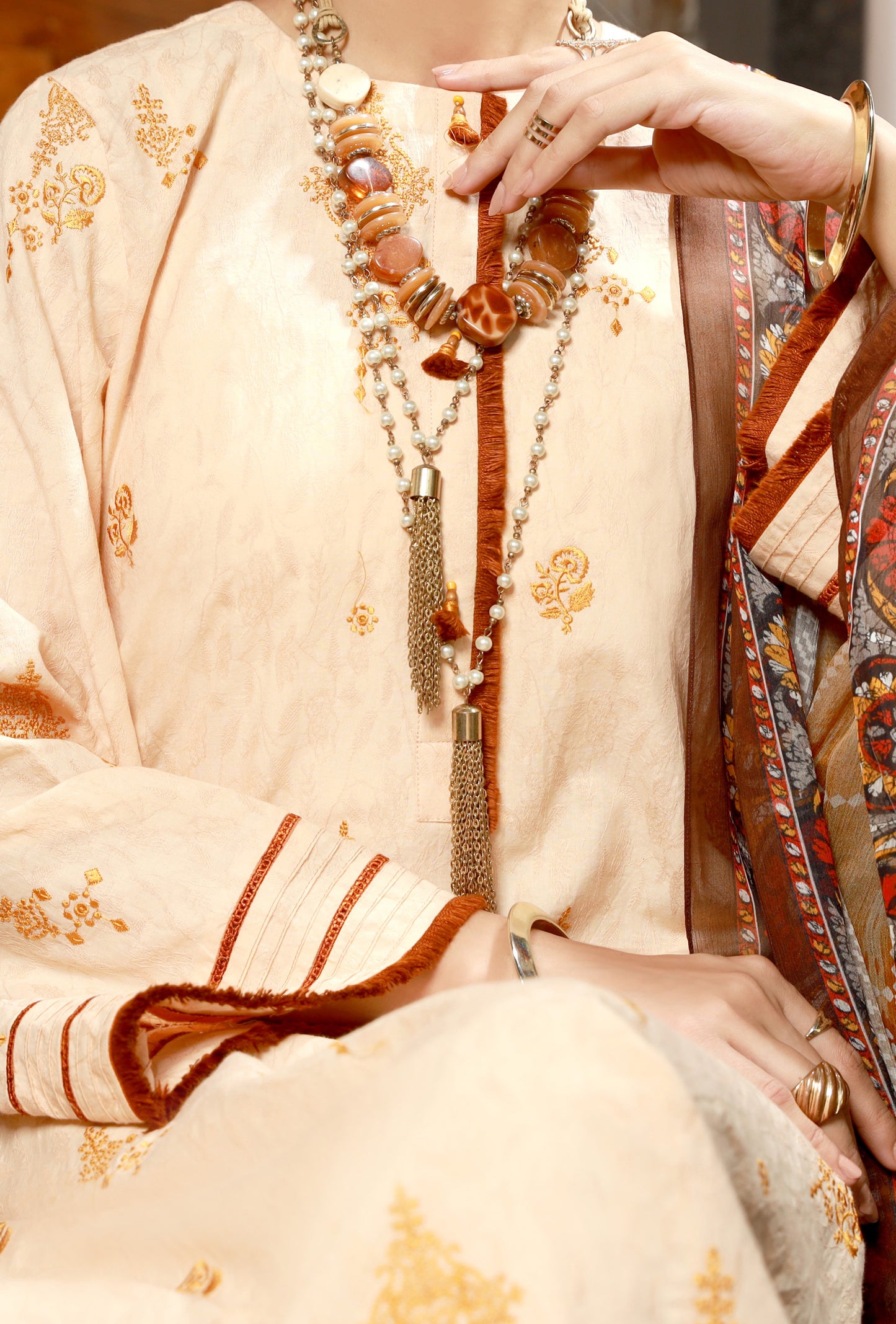 Cream Jacquard 3Pc Stitched - ALP-3PS-1392