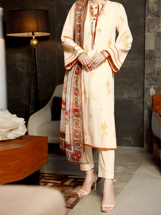 Cream Jacquard 3Pc Stitched - ALP-3PS-1392