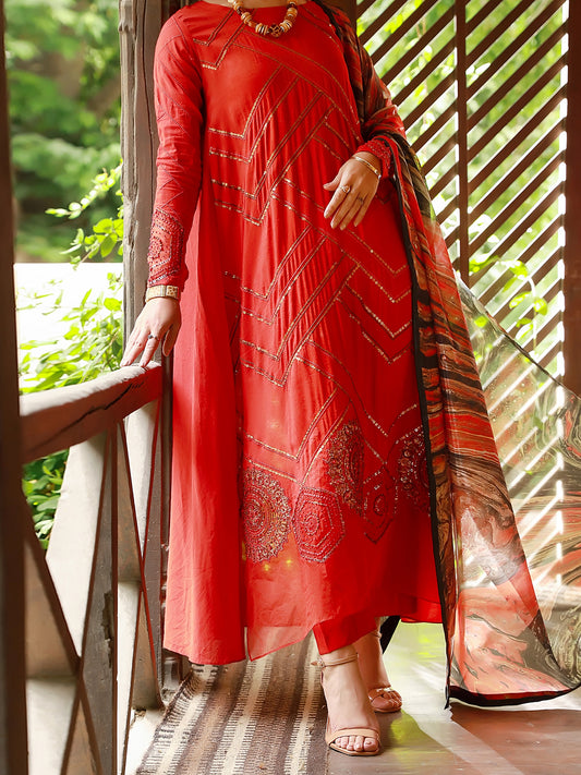 Orange Chanderi 3Pc Stitched - ALP-3PS-1407
