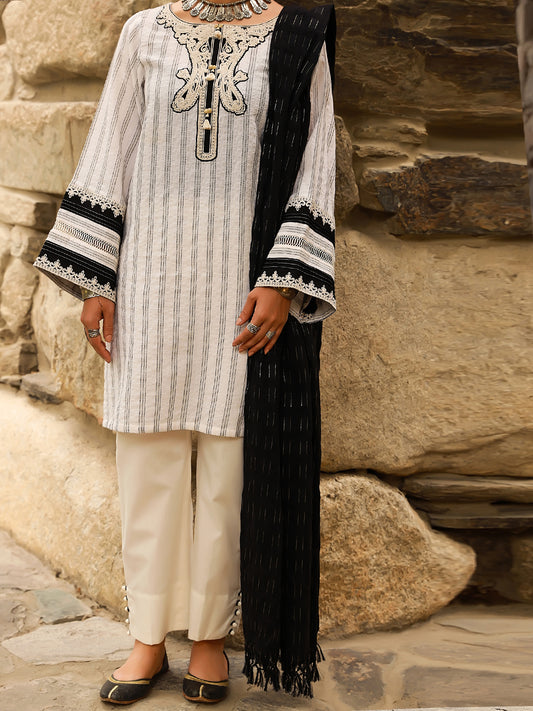 White Jacquard 3 Piece Stitched - ALP-3PS-1413