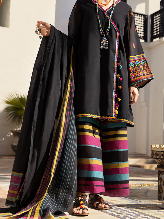 Black Cotton Yarn-Dyed 3 Piece Unstitched - ALP-3PS-1443