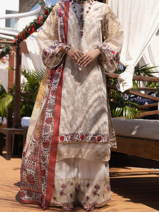 Off White Chanderi 3 Piece Stitched - ALP-3PS-1526