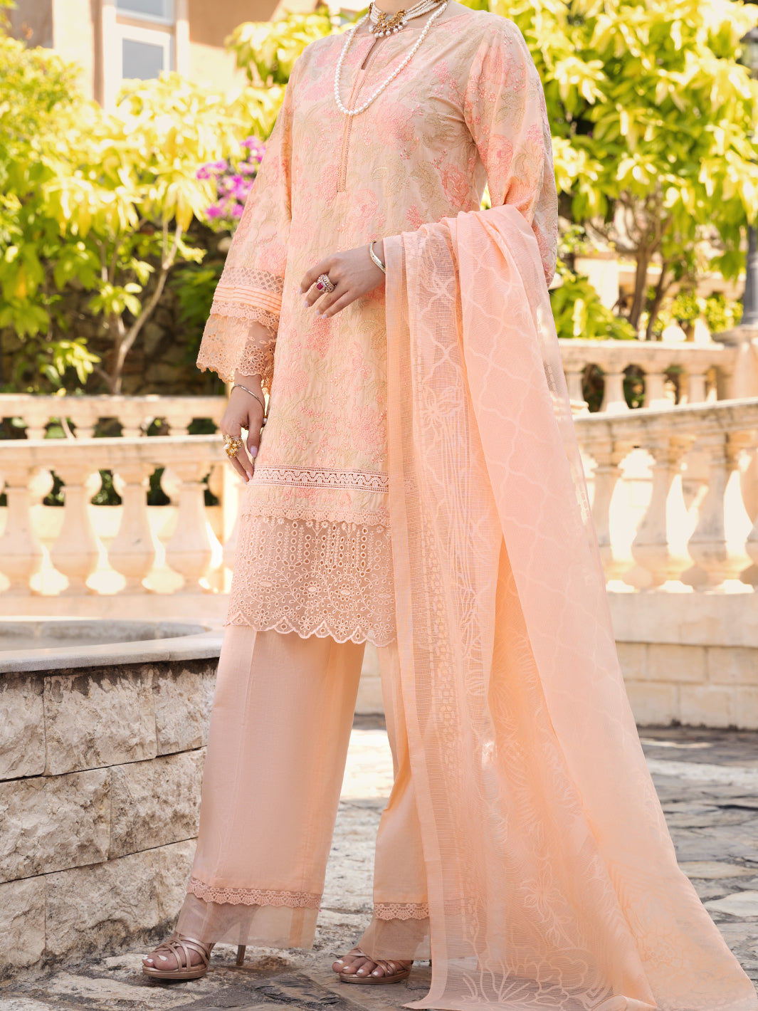 Peach Schiffli Lawn 3 Piece Unstitched - ALP-3PS-1589